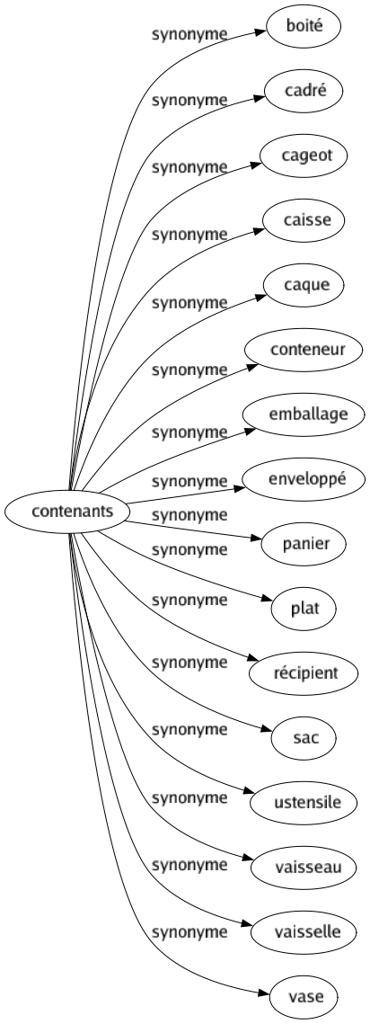 Synonyme de Contenants : Boité Cadré Cageot Caisse Caque Conteneur Emballage Enveloppé Panier Plat Récipient Sac Ustensile Vaisseau Vaisselle Vase 