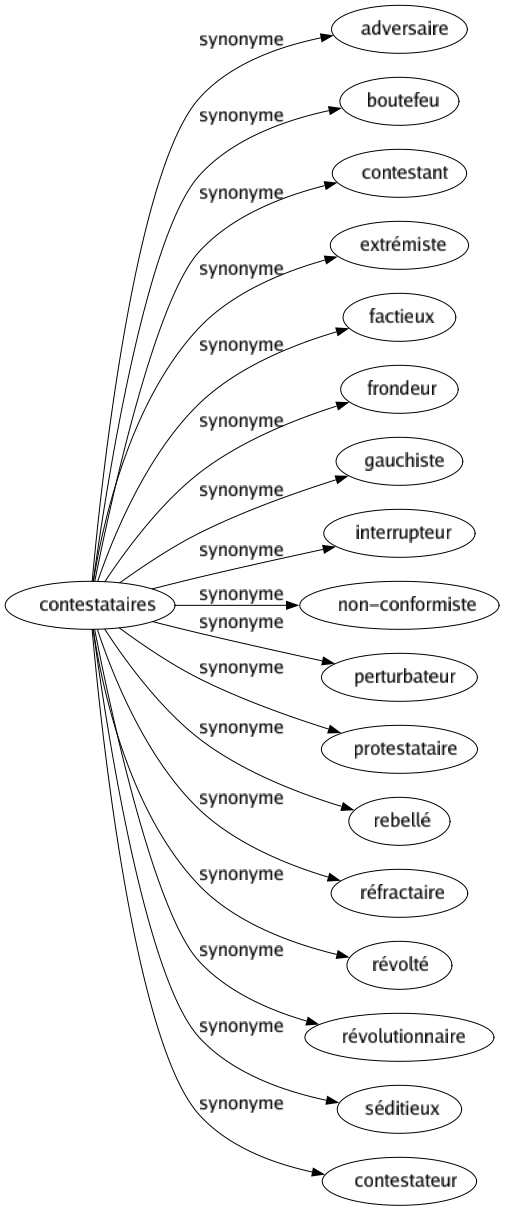 Synonyme de Contestataires : Adversaire Boutefeu Contestant Extrémiste Factieux Frondeur Gauchiste Interrupteur Non-conformiste Perturbateur Protestataire Rebellé Réfractaire Révolté Révolutionnaire Séditieux Contestateur 