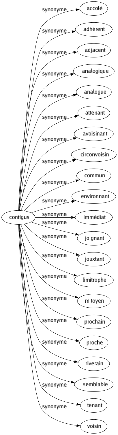 Synonyme de Contigus : Accolé Adhèrent Adjacent Analogique Analogue Attenant Avoisinant Circonvoisin Commun Environnant Immédiat Joignant Jouxtant Limitrophe Mitoyen Prochain Proche Riverain Semblable Tenant Voisin 