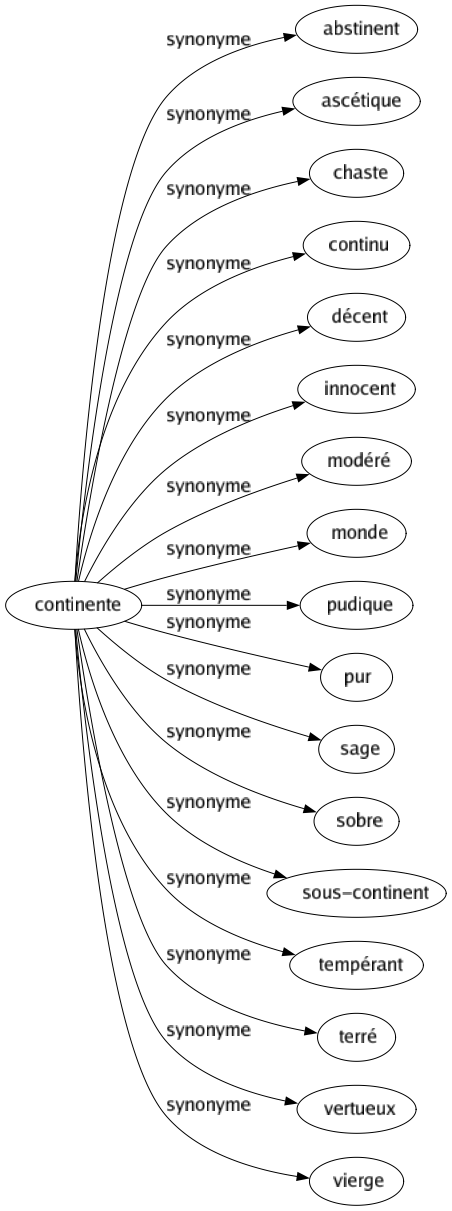 Synonyme de Continente : Abstinent Ascétique Chaste Continu Décent Innocent Modéré Monde Pudique Pur Sage Sobre Sous-continent Tempérant Terré Vertueux Vierge 