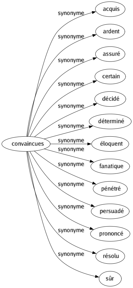 Synonyme de Convaincues : Acquis Ardent Assuré Certain Décidé Déterminé Éloquent Fanatique Pénétré Persuadé Prononcé Résolu Sûr 