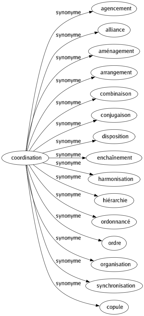 Synonyme de Coordination : Agencement Alliance Aménagement Arrangement Combinaison Conjugaison Disposition Enchaînement Harmonisation Hiérarchie Ordonnancé Ordre Organisation Synchronisation Copule 