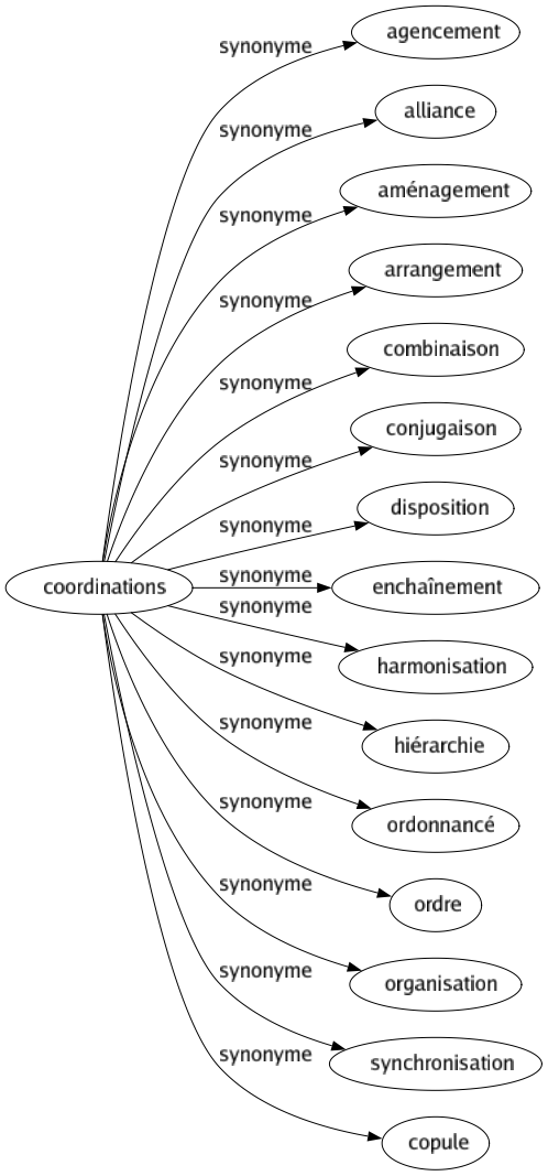 Synonyme de Coordinations : Agencement Alliance Aménagement Arrangement Combinaison Conjugaison Disposition Enchaînement Harmonisation Hiérarchie Ordonnancé Ordre Organisation Synchronisation Copule 