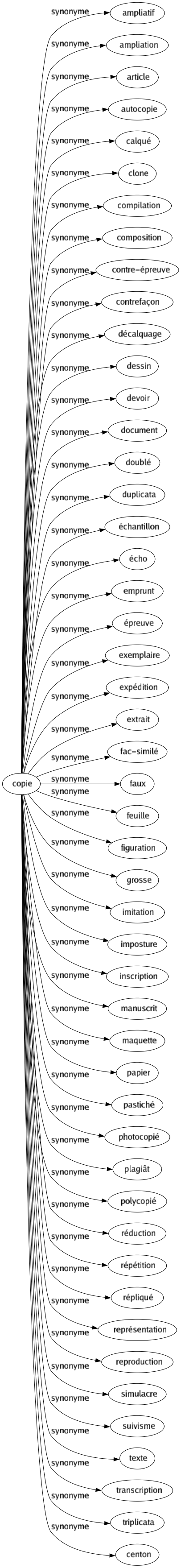 Synonyme de Copie : Ampliatif Ampliation Article Autocopie Calqué Clone Compilation Composition Contre-épreuve Contrefaçon Décalquage Dessin Devoir Document Doublé Duplicata Échantillon Écho Emprunt Épreuve Exemplaire Expédition Extrait Fac-similé Faux Feuille Figuration Grosse Imitation Imposture Inscription Manuscrit Maquette Papier Pastiché Photocopié Plagiât Polycopié Réduction Répétition Répliqué Représentation Reproduction Simulacre Suivisme Texte Transcription Triplicata Centon 