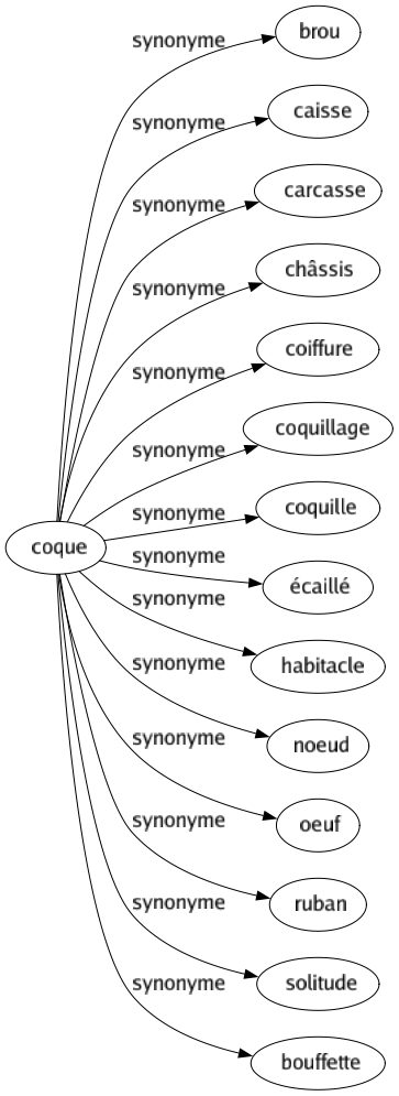 Synonyme de Coque : Brou Caisse Carcasse Châssis Coiffure Coquillage Coquille Écaillé Habitacle Noeud Oeuf Ruban Solitude Bouffette 