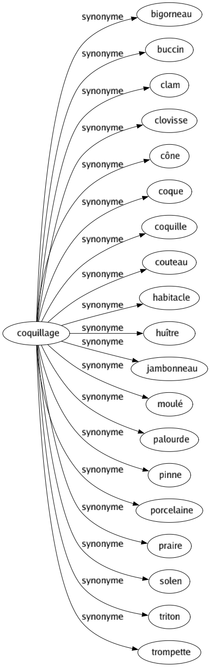 Synonyme de Coquillage : Bigorneau Buccin Clam Clovisse Cône Coque Coquille Couteau Habitacle Huître Jambonneau Moulé Palourde Pinne Porcelaine Praire Solen Triton Trompette 