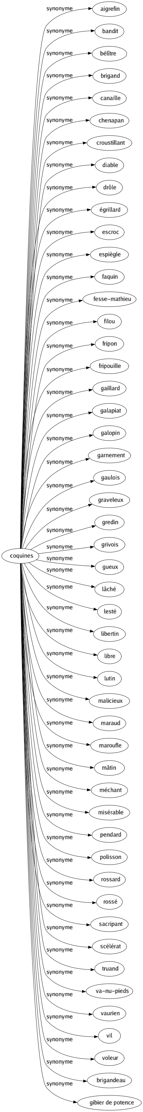 Synonyme de Coquines : Aigrefin Bandit Bélître Brigand Canaille Chenapan Croustillant Diable Drôle Égrillard Escroc Espiègle Faquin Fesse-mathieu Filou Fripon Fripouille Gaillard Galapiat Galopin Garnement Gaulois Graveleux Gredin Grivois Gueux Lâché Lesté Libertin Libre Lutin Malicieux Maraud Maroufle Mâtin Méchant Misérable Pendard Polisson Rossard Rossé Sacripant Scélérat Truand Va-nu-pieds Vaurien Vil Voleur Brigandeau Gibier de potence 