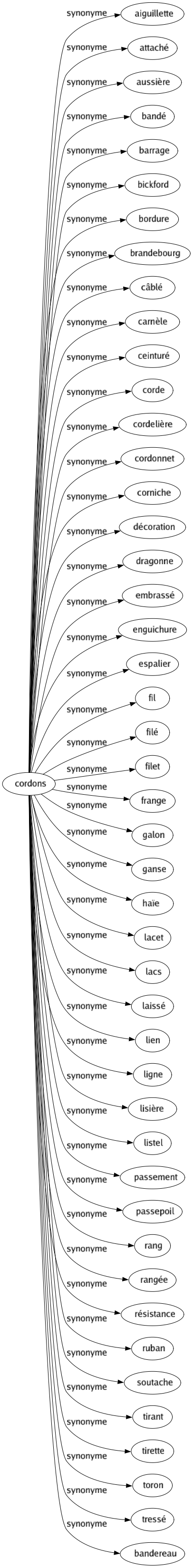 Synonyme de Cordons : Aiguillette Attaché Aussière Bandé Barrage Bickford Bordure Brandebourg Câblé Carnèle Ceinturé Corde Cordelière Cordonnet Corniche Décoration Dragonne Embrassé Enguichure Espalier Fil Filé Filet Frange Galon Ganse Haïe Lacet Lacs Laissé Lien Ligne Lisière Listel Passement Passepoil Rang Rangée Résistance Ruban Soutache Tirant Tirette Toron Tressé Bandereau 