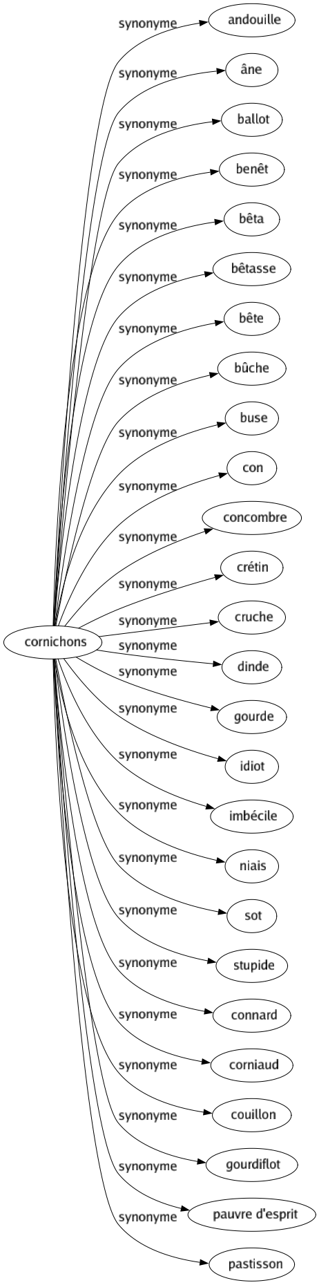 Synonyme de Cornichons : Andouille Âne Ballot Benêt Bêta Bêtasse Bête Bûche Buse Con Concombre Crétin Cruche Dinde Gourde Idiot Imbécile Niais Sot Stupide Connard Corniaud Couillon Gourdiflot Pauvre d'esprit Pastisson 