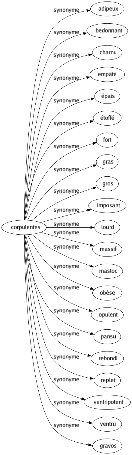 Synonyme de Corpulentes : Adipeux Bedonnant Charnu Empâté Épais Étoffé Fort Gras Gros Imposant Lourd Massif Mastoc Obèse Opulent Pansu Rebondi Replet Ventripotent Ventru Gravos 