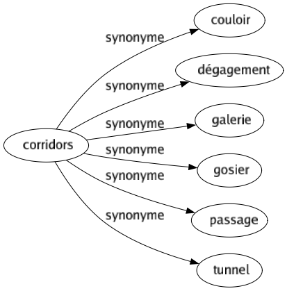 Synonyme de Corridors : Couloir Dégagement Galerie Gosier Passage Tunnel 