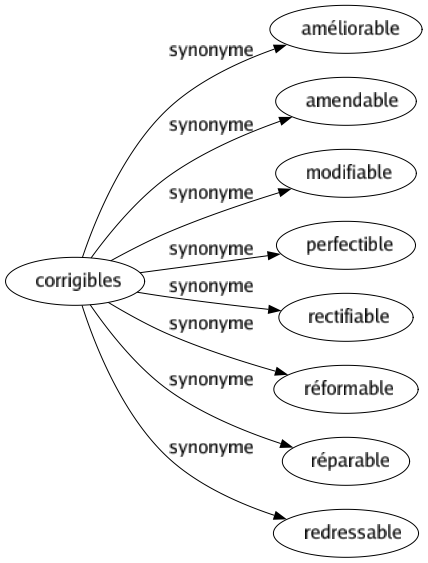 Synonyme de Corrigibles : Améliorable Amendable Modifiable Perfectible Rectifiable Réformable Réparable Redressable 