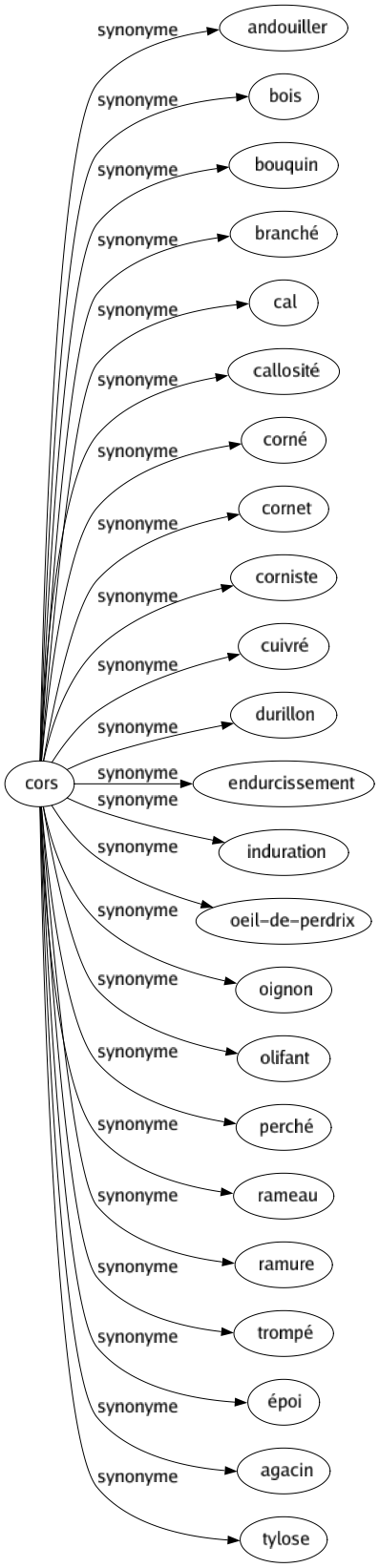 Synonyme de Cors : Andouiller Bois Bouquin Branché Cal Callosité Corné Cornet Corniste Cuivré Durillon Endurcissement Induration Oeil-de-perdrix Oignon Olifant Perché Rameau Ramure Trompé Époi Agacin Tylose 