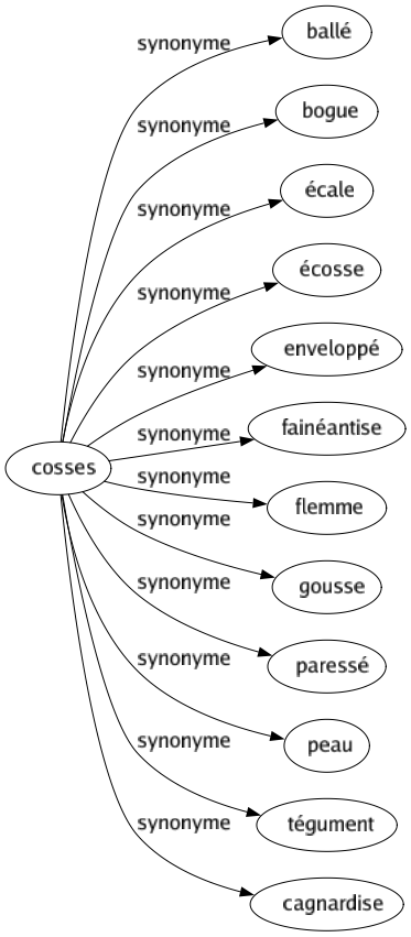 Synonyme de Cosses : Ballé Bogue Écale Écosse Enveloppé Fainéantise Flemme Gousse Paressé Peau Tégument Cagnardise 