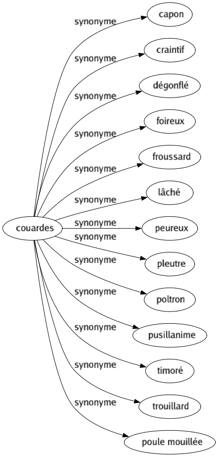 Synonyme de Couardes : Capon Craintif Dégonflé Foireux Froussard Lâché Peureux Pleutre Poltron Pusillanime Timoré Trouillard Poule mouillée 