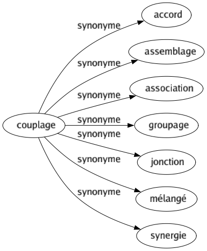Synonyme de Couplage : Accord Assemblage Association Groupage Jonction Mélangé Synergie 