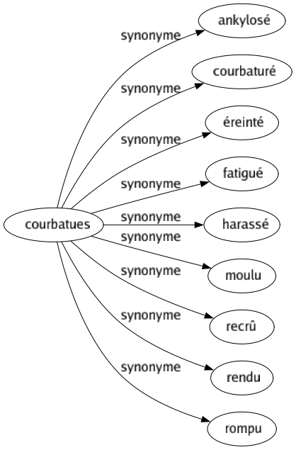 Synonyme de Courbatues : Ankylosé Courbaturé Éreinté Fatigué Harassé Moulu Recrû Rendu Rompu 