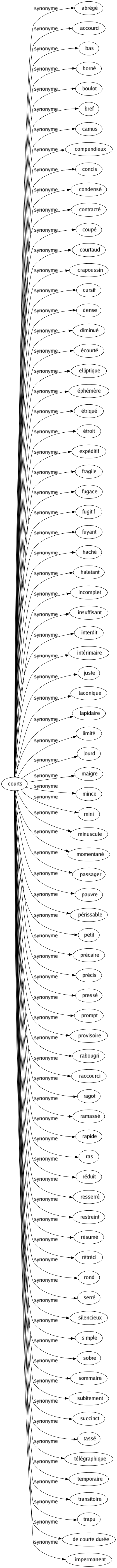 Synonyme de Courts : Abrégé Accourci Bas Borné Boulot Bref Camus Compendieux Concis Condensé Contracté Coupé Courtaud Crapoussin Cursif Dense Diminué Écourté Elliptique Éphémère Étriqué Étroit Expéditif Fragile Fugace Fugitif Fuyant Haché Haletant Incomplet Insuffisant Interdit Intérimaire Juste Laconique Lapidaire Limité Lourd Maigre Mince Mini Minuscule Momentané Passager Pauvre Périssable Petit Précaire Précis Pressé Prompt Provisoire Rabougri Raccourci Ragot Ramassé Rapide Ras Réduit Resserré Restreint Résumé Rétréci Rond Serré Silencieux Simple Sobre Sommaire Subitement Succinct Tassé Télégraphique Temporaire Transitoire Trapu De courte durée Impermanent 