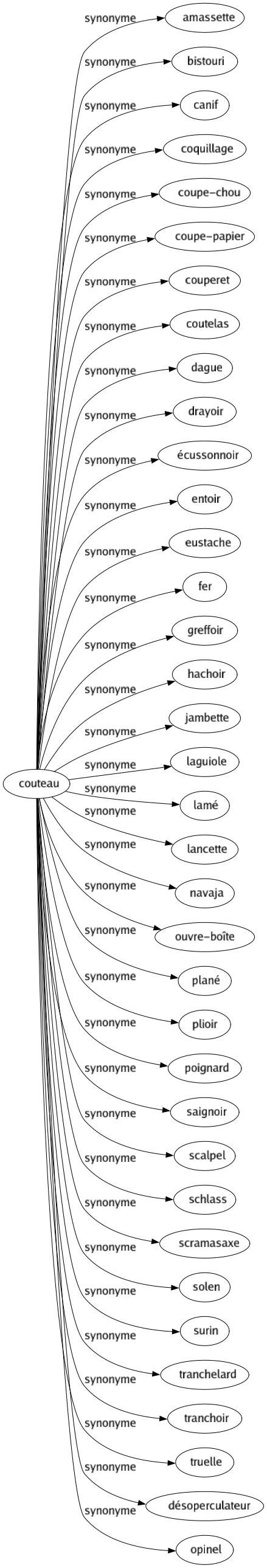 Synonyme de Couteau : Amassette Bistouri Canif Coquillage Coupe-chou Coupe-papier Couperet Coutelas Dague Drayoir Écussonnoir Entoir Eustache Fer Greffoir Hachoir Jambette Laguiole Lamé Lancette Navaja Ouvre-boîte Plané Plioir Poignard Saignoir Scalpel Schlass Scramasaxe Solen Surin Tranchelard Tranchoir Truelle Désoperculateur Opinel 