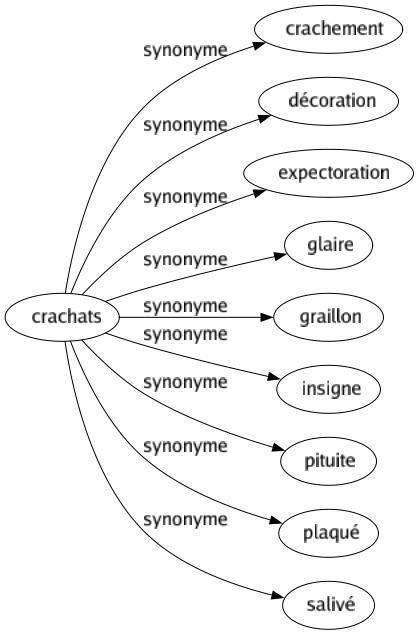 Synonyme de Crachats : Crachement Décoration Expectoration Glaire Graillon Insigne Pituite Plaqué Salivé 