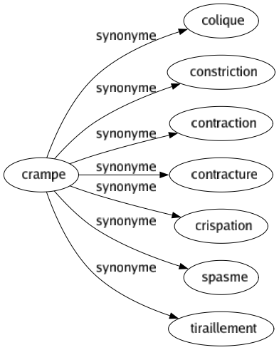 Synonyme de Crampe : Colique Constriction Contraction Contracture Crispation Spasme Tiraillement 