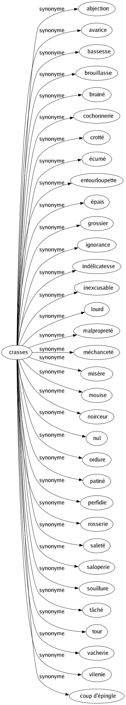 Synonyme de Crasses : Abjection Avarice Bassesse Brouillasse Bruiné Cochonnerie Crotté Écumé Entourloupette Épais Grossier Ignorance Indélicatesse Inexcusable Lourd Malpropreté Méchanceté Misère Mouise Noirceur Nul Ordure Patiné Perfidie Rosserie Saleté Saloperie Souillure Tâché Tour Vacherie Vilenie Coup d'épingle 