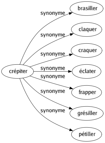 Synonyme de Crépiter : Brasiller Claquer Craquer Éclater Frapper Grésiller Pétiller 
