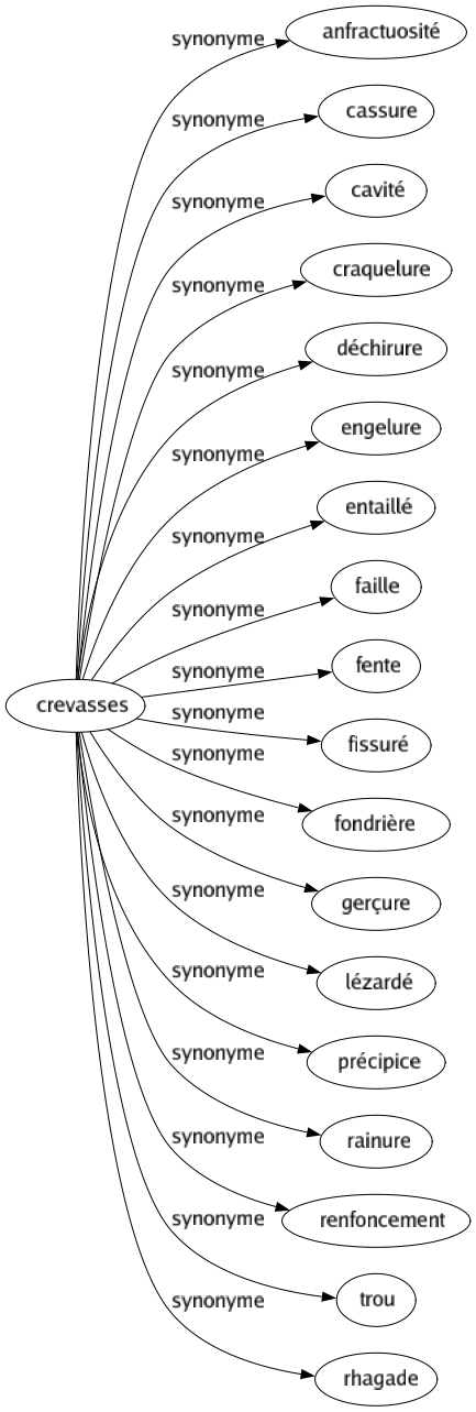 Synonyme de Crevasses : Anfractuosité Cassure Cavité Craquelure Déchirure Engelure Entaillé Faille Fente Fissuré Fondrière Gerçure Lézardé Précipice Rainure Renfoncement Trou Rhagade 