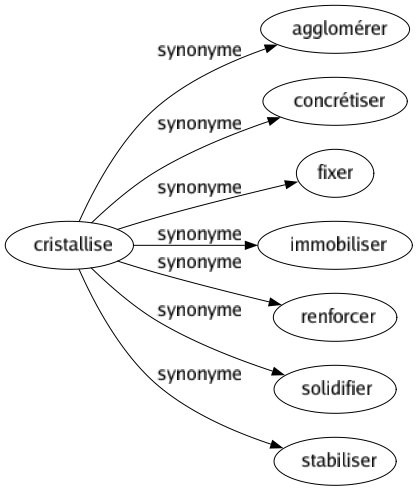 Synonyme de Cristallise : Agglomérer Concrétiser Fixer Immobiliser Renforcer Solidifier Stabiliser 