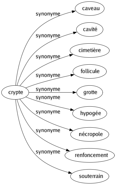 Synonyme de Crypte : Caveau Cavité Cimetière Follicule Grotte Hypogée Nécropole Renfoncement Souterrain 