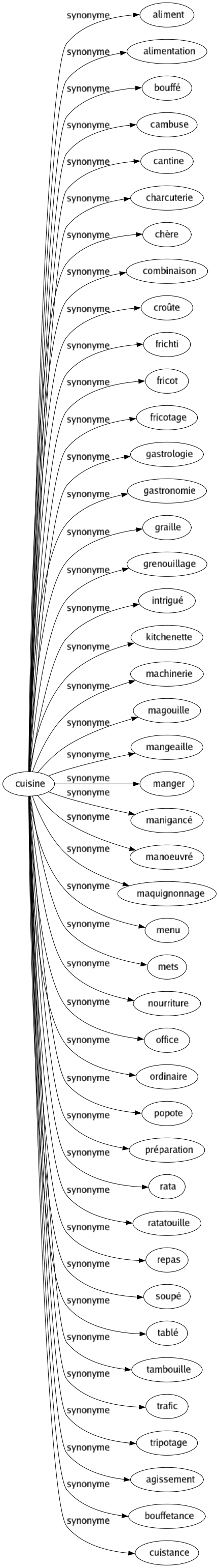 Synonyme de Cuisine : Aliment Alimentation Bouffé Cambuse Cantine Charcuterie Chère Combinaison Croûte Frichti Fricot Fricotage Gastrologie Gastronomie Graille Grenouillage Intrigué Kitchenette Machinerie Magouille Mangeaille Manger Manigancé Manoeuvré Maquignonnage Menu Mets Nourriture Office Ordinaire Popote Préparation Rata Ratatouille Repas Soupé Tablé Tambouille Trafic Tripotage Agissement Bouffetance Cuistance 