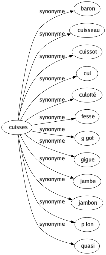 Synonyme de Cuisses : Baron Cuisseau Cuissot Cul Culotté Fesse Gigot Gigue Jambe Jambon Pilon Quasi 