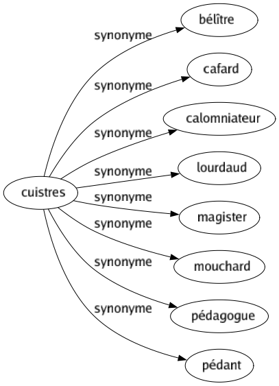 Synonyme de Cuistres : Bélître Cafard Calomniateur Lourdaud Magister Mouchard Pédagogue Pédant 