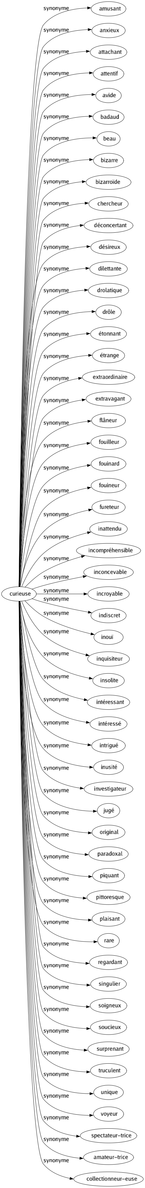 Synonyme de Curieuse : Amusant Anxieux Attachant Attentif Avide Badaud Beau Bizarre Bizarroïde Chercheur Déconcertant Désireux Dilettante Drolatique Drôle Étonnant Étrange Extraordinaire Extravagant Flâneur Fouilleur Fouinard Fouineur Fureteur Inattendu Incompréhensible Inconcevable Incroyable Indiscret Inouï Inquisiteur Insolite Intéressant Intéressé Intrigué Inusité Investigateur Jugé Original Paradoxal Piquant Pittoresque Plaisant Rare Regardant Singulier Soigneux Soucieux Surprenant Truculent Unique Voyeur Spectateur-trice Amateur-trice Collectionneur-euse 