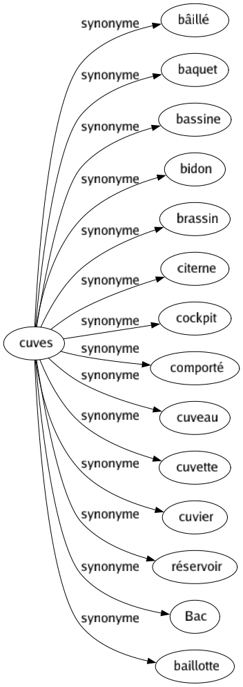 Synonyme de Cuves : Bâillé Baquet Bassine Bidon Brassin Citerne Cockpit Comporté Cuveau Cuvette Cuvier Réservoir Bac Baillotte 