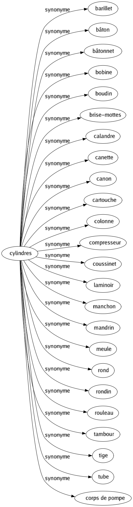 Synonyme de Cylindres : Barillet Bâton Bâtonnet Bobine Boudin Brise-mottes Calandre Canette Canon Cartouche Colonne Compresseur Coussinet Laminoir Manchon Mandrin Meule Rond Rondin Rouleau Tambour Tige Tube Corps de pompe 