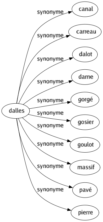 Synonyme de Dalles : Canal Carreau Dalot Darne Gorgé Gosier Goulot Massif Pavé Pierre 