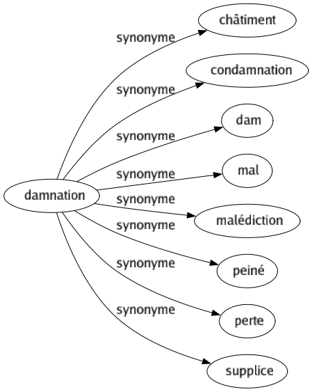 Synonyme de Damnation : Châtiment Condamnation Dam Mal Malédiction Peiné Perte Supplice 