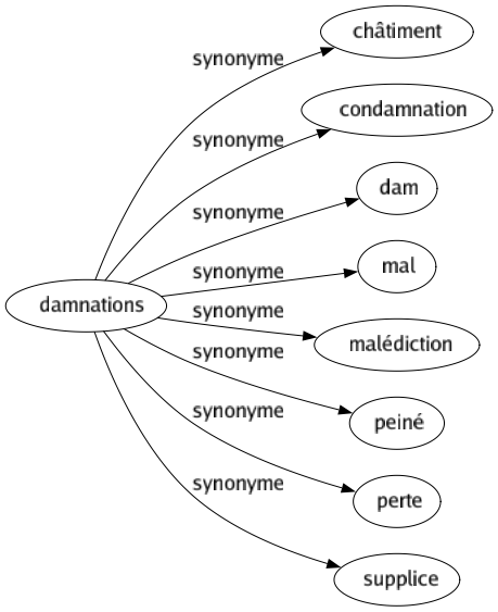 Synonyme de Damnations : Châtiment Condamnation Dam Mal Malédiction Peiné Perte Supplice 