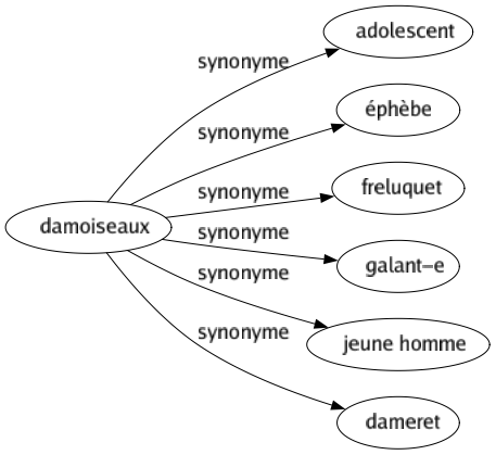 Synonyme de Damoiseaux : Adolescent Éphèbe Freluquet Galant-e Jeune homme Dameret 