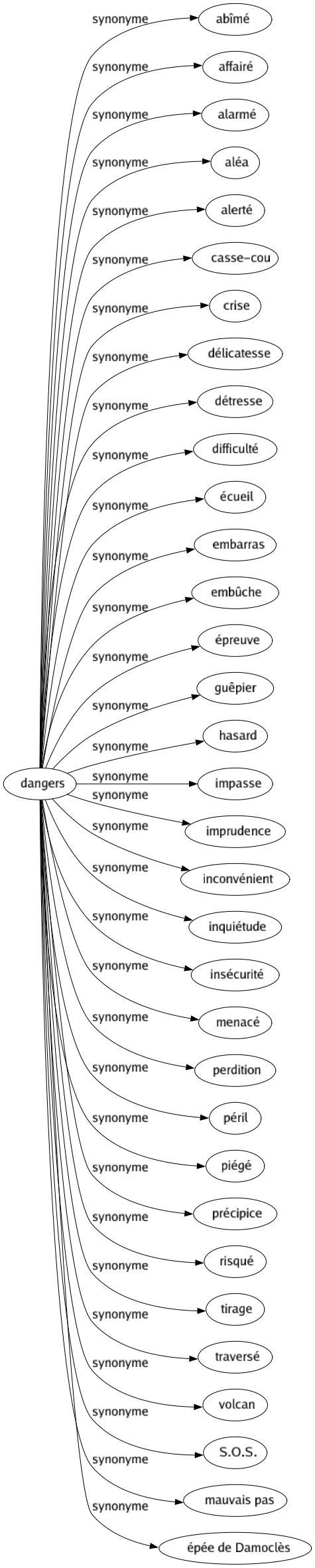 Synonyme de Dangers : Abîmé Affairé Alarmé Aléa Alerté Casse-cou Crise Délicatesse Détresse Difficulté Écueil Embarras Embûche Épreuve Guêpier Hasard Impasse Imprudence Inconvénient Inquiétude Insécurité Menacé Perdition Péril Piégé Précipice Risqué Tirage Traversé Volcan S.o.s. Mauvais pas Épée de damoclès 