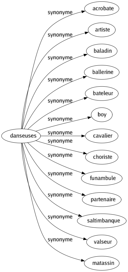 Synonyme de Danseuses : Acrobate Artiste Baladin Ballerine Bateleur Boy Cavalier Choriste Funambule Partenaire Saltimbanque Valseur Matassin 