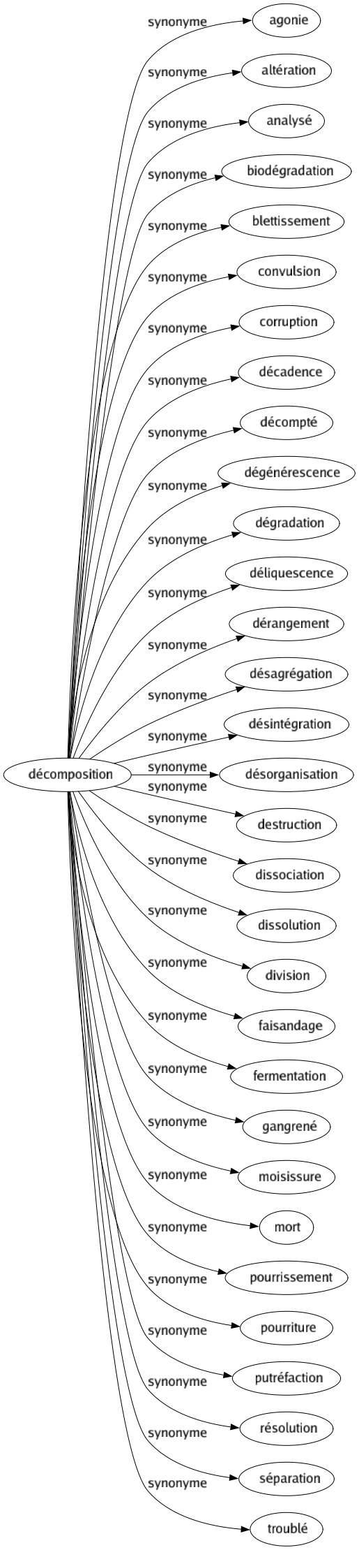 Synonyme de Décomposition : Agonie Altération Analysé Biodégradation Blettissement Convulsion Corruption Décadence Décompté Dégénérescence Dégradation Déliquescence Dérangement Désagrégation Désintégration Désorganisation Destruction Dissociation Dissolution Division Faisandage Fermentation Gangrené Moisissure Mort Pourrissement Pourriture Putréfaction Résolution Séparation Troublé 