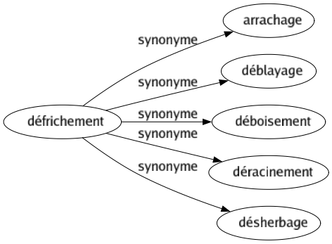 Synonyme de Défrichement : Arrachage Déblayage Déboisement Déracinement Désherbage 