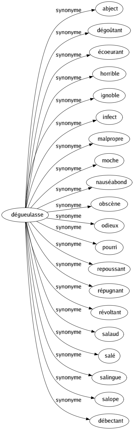 Synonyme de Dégueulasse : Abject Dégoûtant Écoeurant Horrible Ignoble Infect Malpropre Moche Nauséabond Obscène Odieux Pourri Repoussant Répugnant Révoltant Salaud Salé Salingue Salope Débectant 