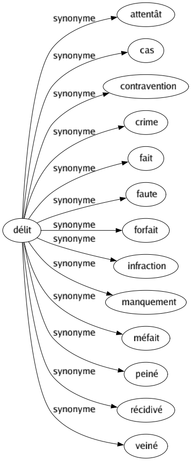 Synonyme de Délit : Attentât Cas Contravention Crime Fait Faute Forfait Infraction Manquement Méfait Peiné Récidivé Veiné 
