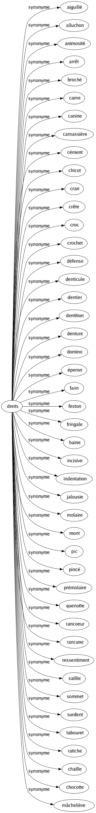 Synonyme de Dents : Aiguillé Alluchon Animosité Arrêt Broché Came Canine Carnassière Cément Chicot Cran Crête Croc Crochet Défense Denticule Dentier Dentition Denture Domino Éperon Faim Feston Fringale Haine Incisive Indentation Jalousie Molaire Mont Pic Pincé Prémolaire Quenotte Rancoeur Rancune Ressentiment Saillie Sommet Surdent Tabouret Ratiche Chaille Chocotte Mâchelière 