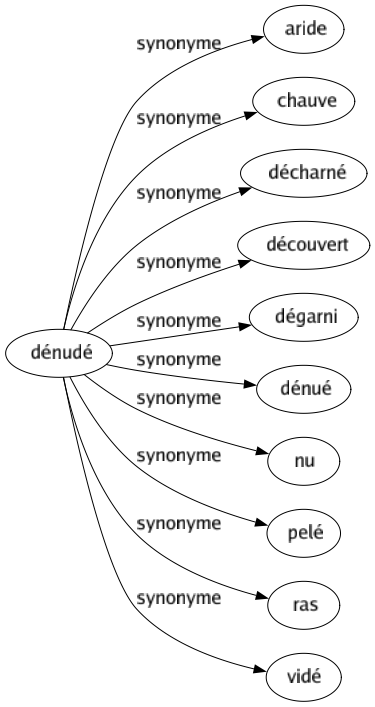 Synonyme de Dénudé : Aride Chauve Décharné Découvert Dégarni Dénué Nu Pelé Ras Vidé 