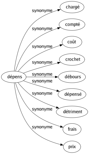 Synonyme de Dépens : Chargé Compté Coût Crochet Débours Dépensé Détriment Frais Prix 