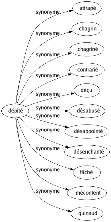 Synonyme de Dépité : Attrapé Chagrin Chagriné Contrarié Déçu Désabusé Désappointé Désenchanté Fâché Mécontent Quinaud 